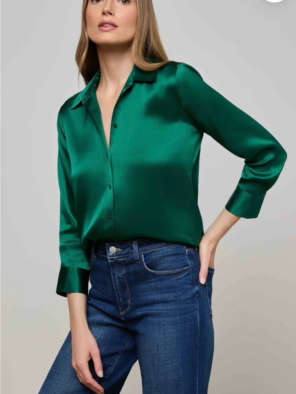 L’Agence Dani Silk Button Down Blouse in Bottle Green - XS/T